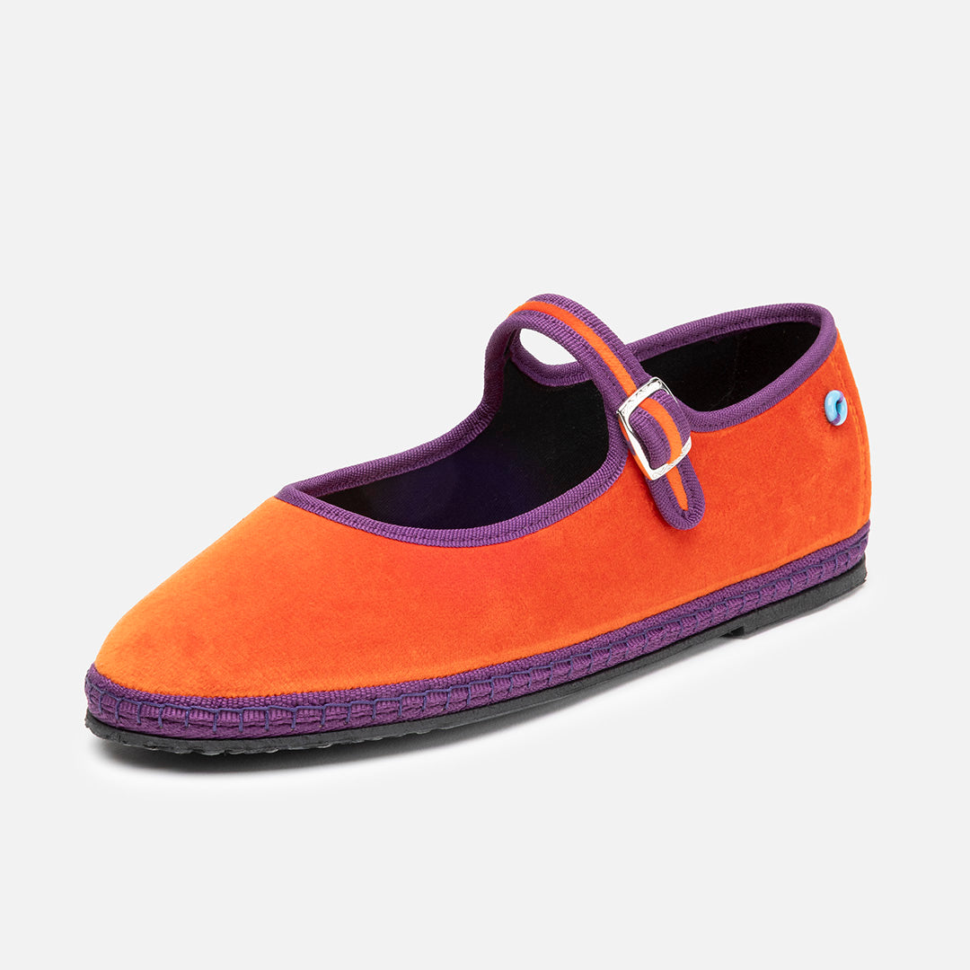 Friulane Mary Jane Bicolore donna in velluto di cotone Prugna, profilo laterale