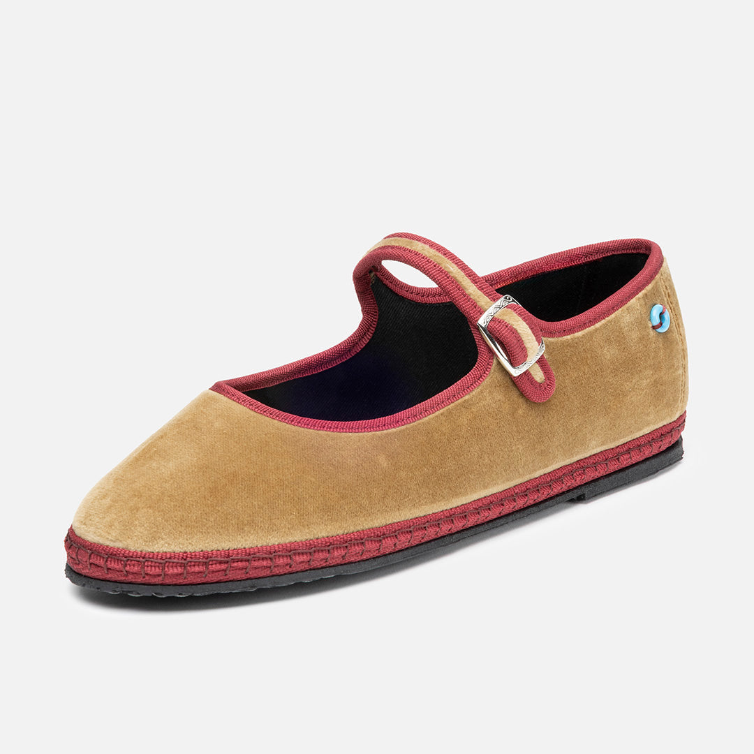 Friulane Mary Jane Bicolore donna in velluto di cotone Bordeaux, profilo laterale