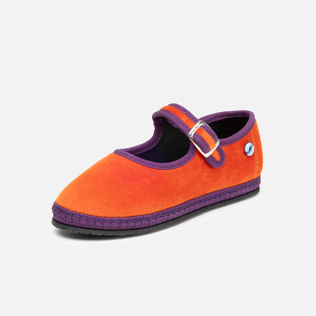 Friulane Mary Jane Bicolore bambino in velluto di cotone Prugna, vista frontale