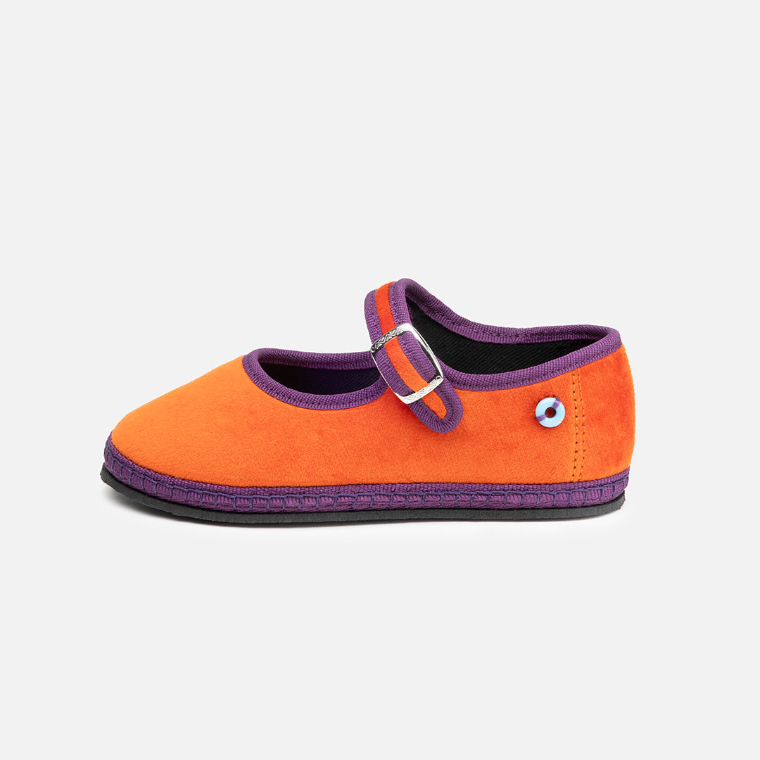 Friulane Mary Jane Bicolore bambino in velluto di cotone Prugna, profilo laterale