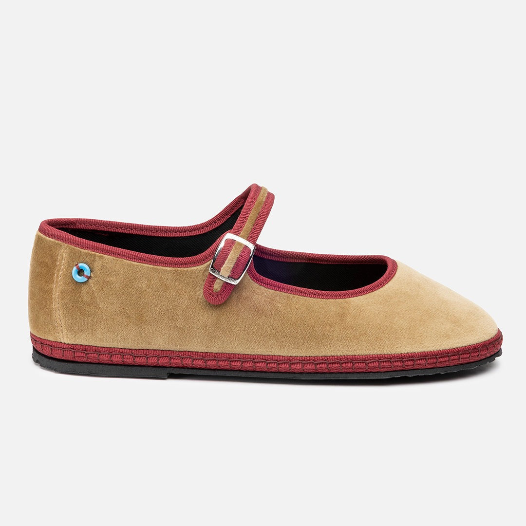 Friulane Mary Jane Bicolore donna in velluto di cotone Bordeaux, vista frontale