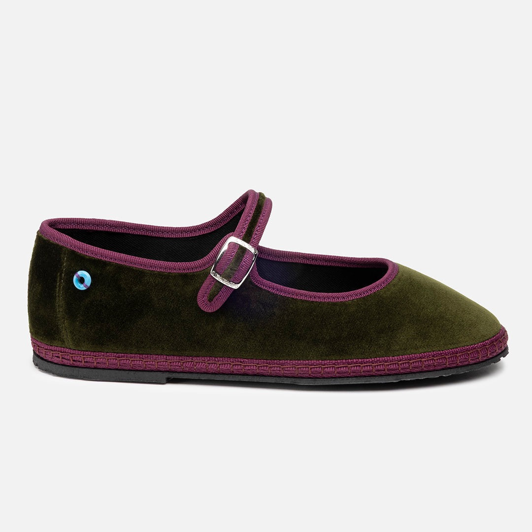 Friulane Mary Jane Bicolore donna in velluto di cotone Verde, vista frontale