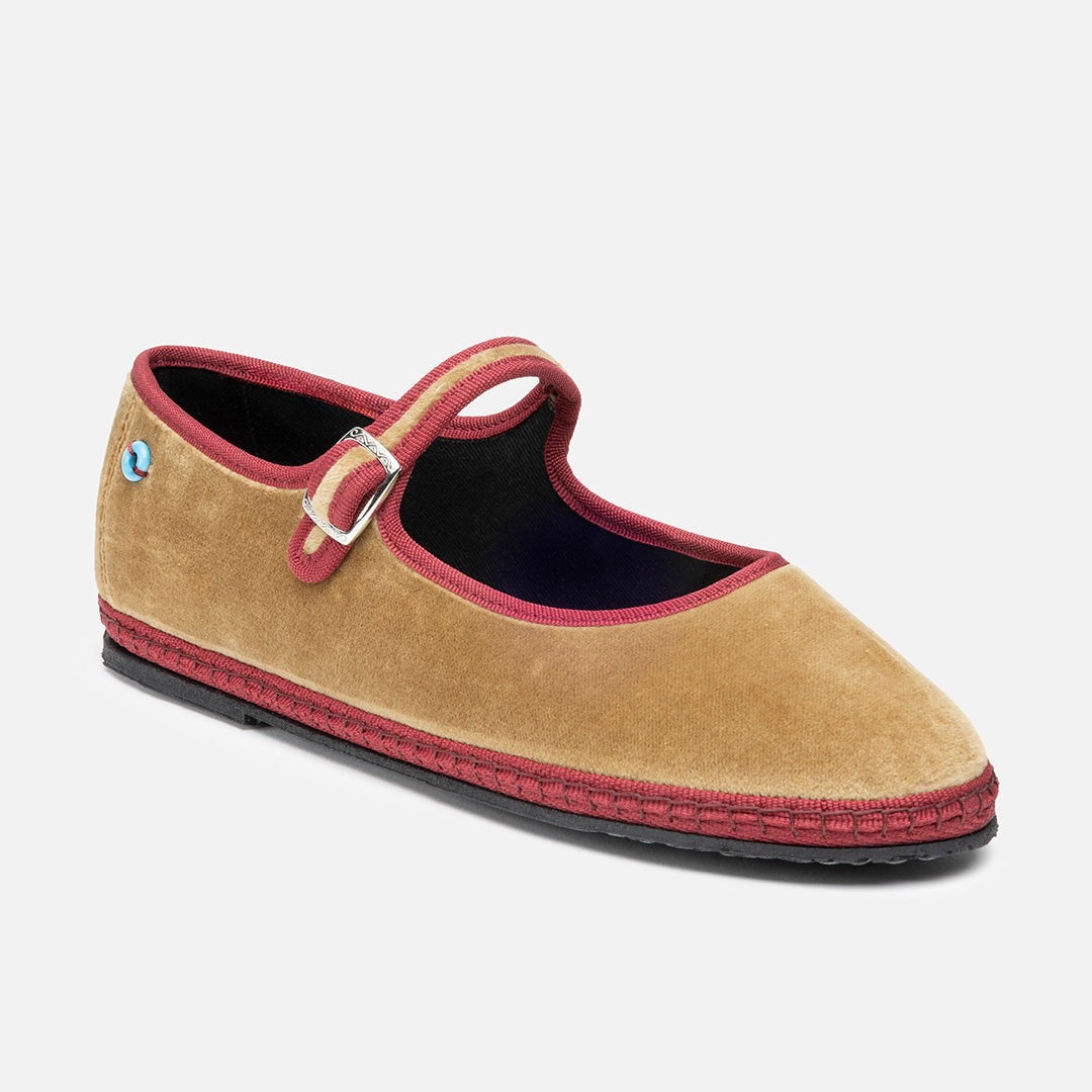 Friulane Mary Jane Bicolore donna in velluto di cotone Bordeaux, profilo laterale