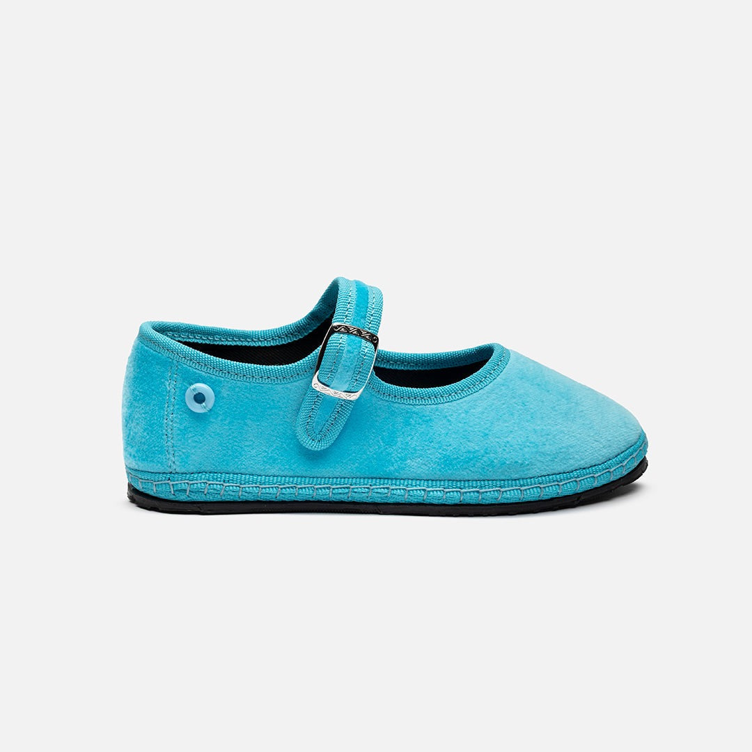 Friulane Mary Jane bambino in velluto di cotone Blu, profilo laterale