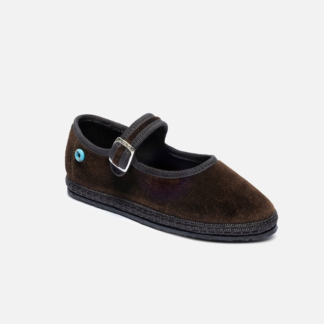 Friulane Mary Jane bambino in velluto di cotone Marrone, vista frontale
